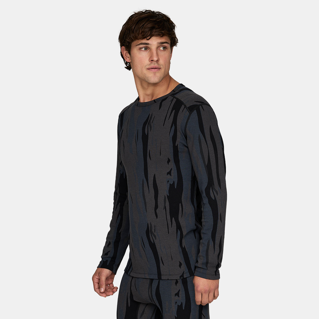 Mens Merino Heavyweight Grid Fleece Base Layer Crew – Ombre Snow Gum