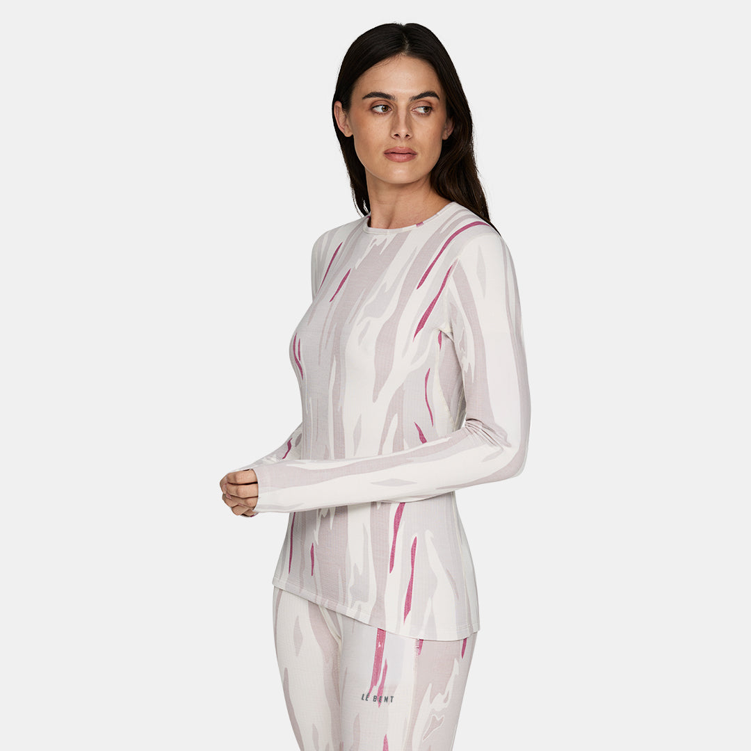 Womens Merino Heavyweight Grid Fleece Base Layer Crew – Pearl Snow Gum